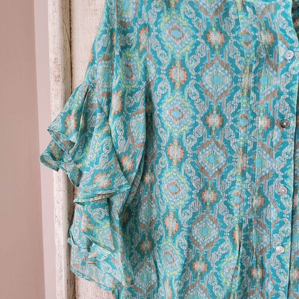 Ruby Rd Ikat Ruffle Sleeve Blouse Small Boho Retro Lightweight Top - Picture 10 of 12